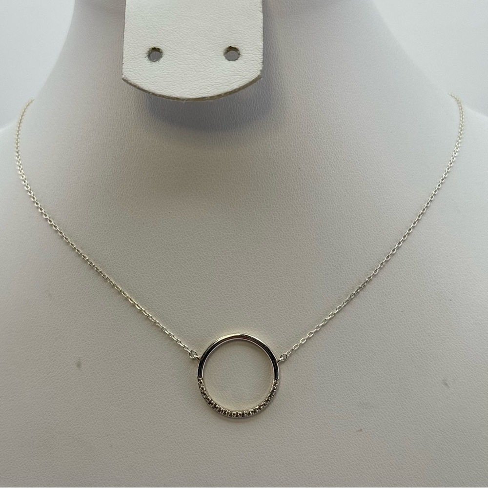 Sterling Silver CZ Circle Pendant Necklace 18” Minimalist Sparkle